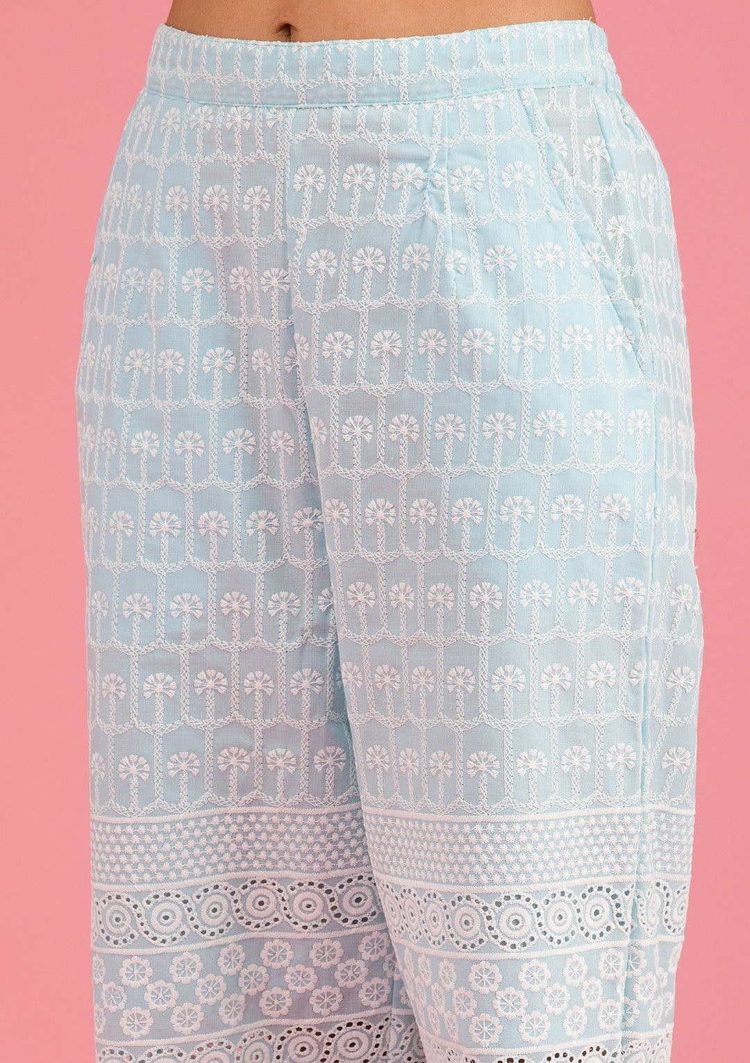 Sky Blue Threadwork Cotton Readymade Salwar Suit-Koskii