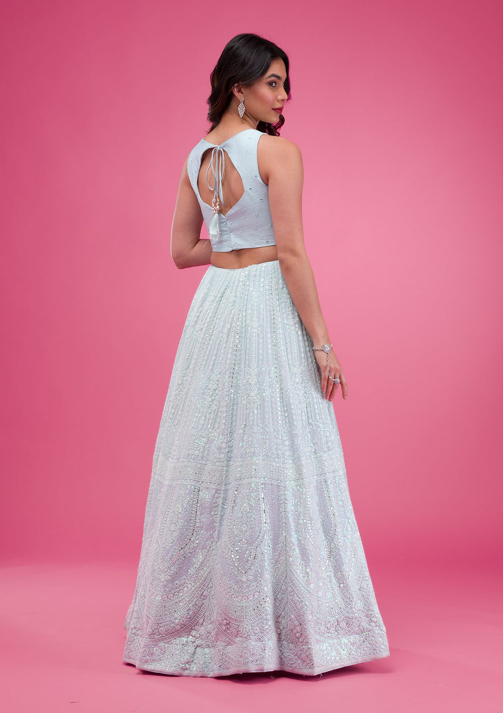 Sky Blue Threadwork Georgette Readymade Lehenga-Koskii