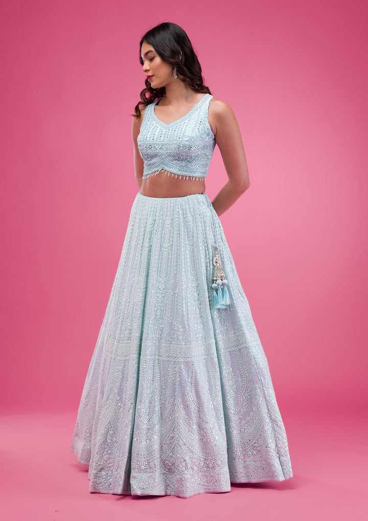 Sky Blue Threadwork Georgette Readymade Lehenga-Koskii