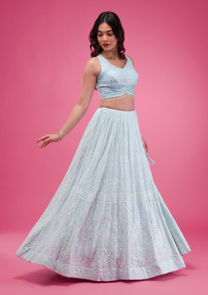 Sky Blue Threadwork Georgette Readymade Lehenga-Koskii