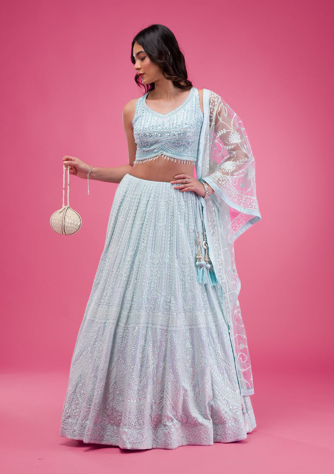 Sky Blue Threadwork Georgette Readymade Lehenga-Koskii