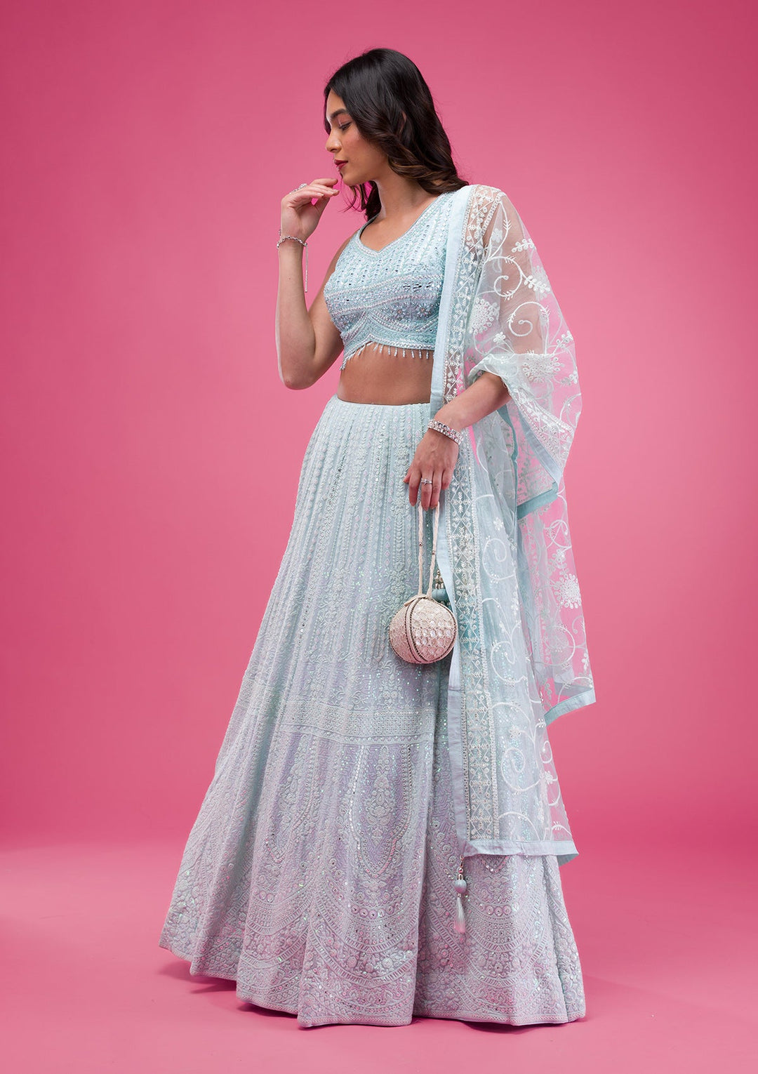 Sky Blue Threadwork Georgette Readymade Lehenga-Koskii