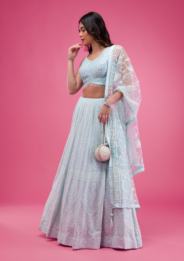 Sky Blue Threadwork Georgette Readymade Lehenga-Koskii