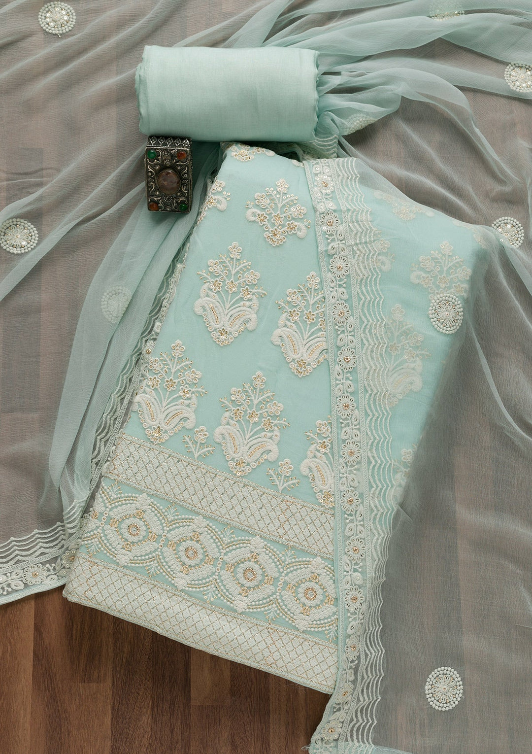Sky Blue Threadwork Georgette Unstitched Salwar Suit-Koskii