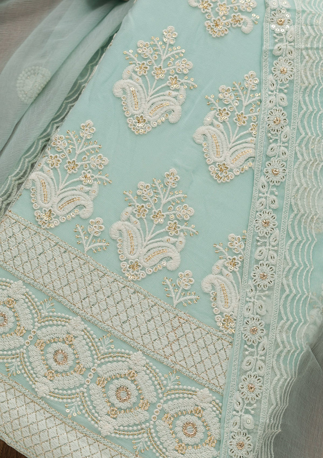 Sky Blue Threadwork Georgette Unstitched Salwar Suit-Koskii