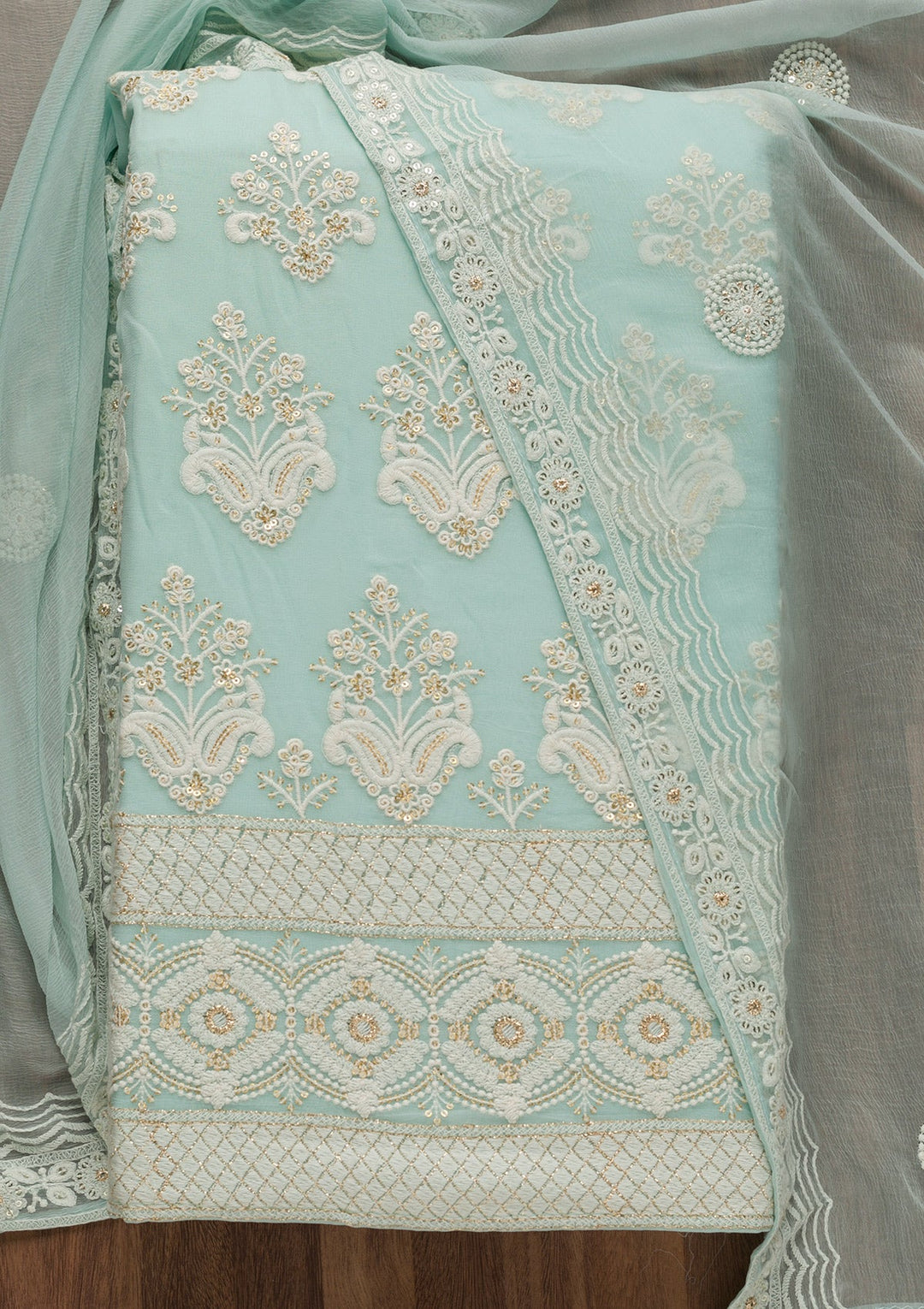 Sky Blue Threadwork Georgette Unstitched Salwar Suit-Koskii
