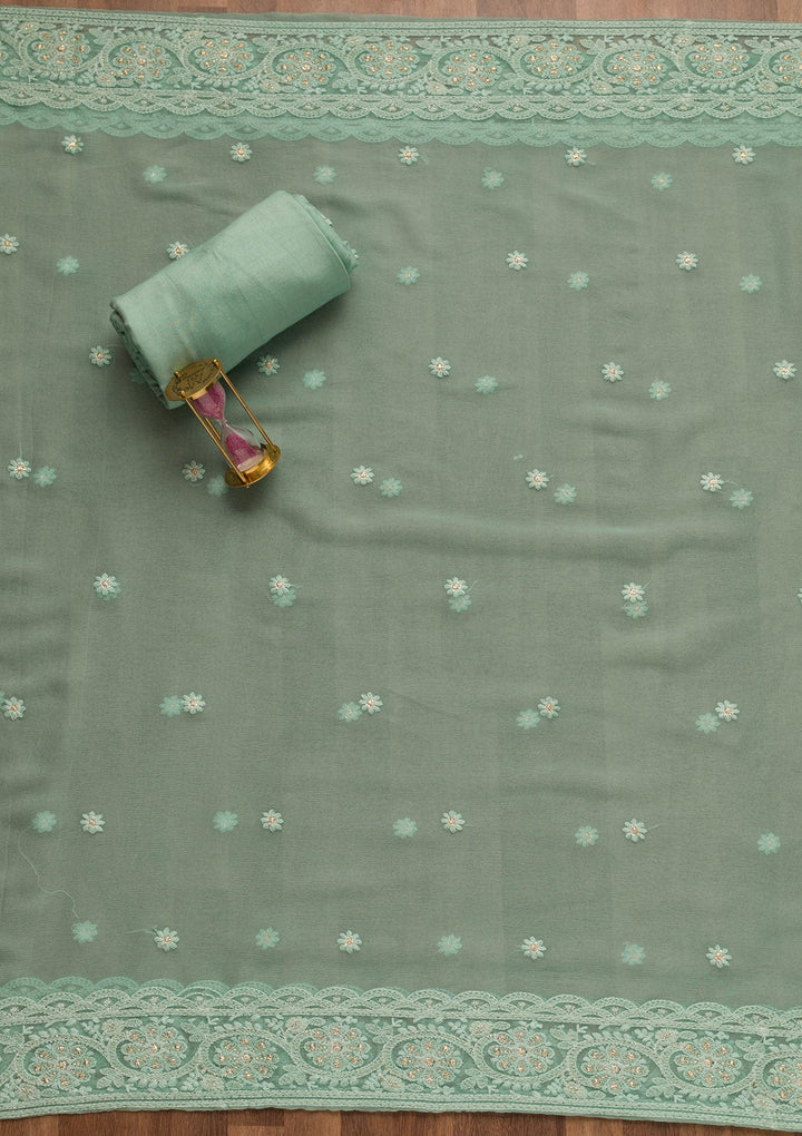 Sky Blue Threadwork Georgette Unstitched Salwar Suit-Koskii