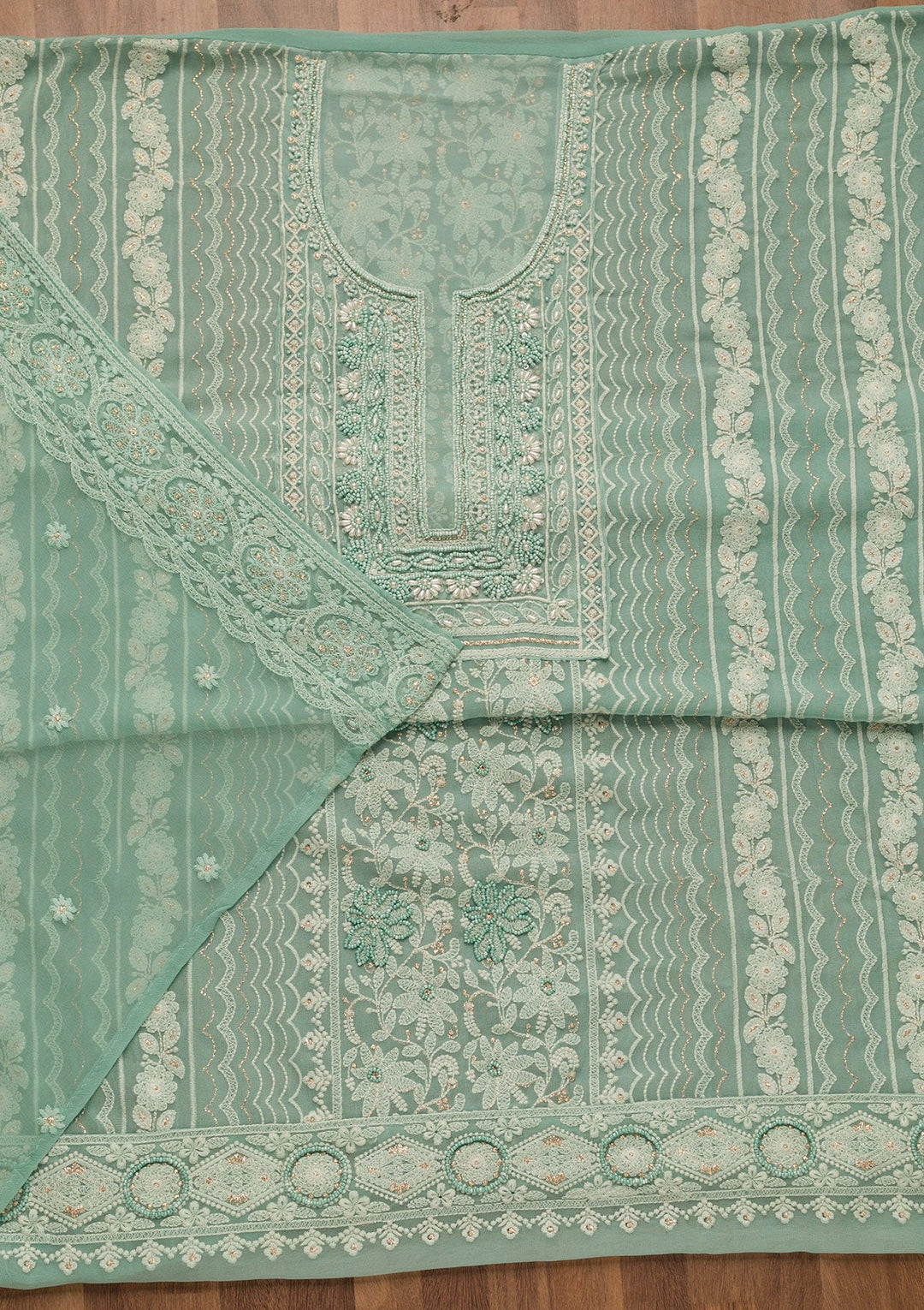 Sky Blue Threadwork Georgette Unstitched Salwar Suit-Koskii
