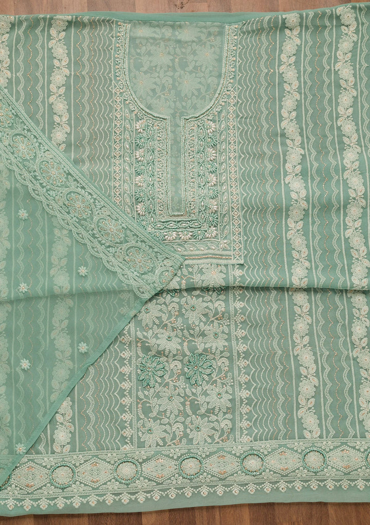 Sky Blue Threadwork Georgette Unstitched Salwar Suit-Koskii