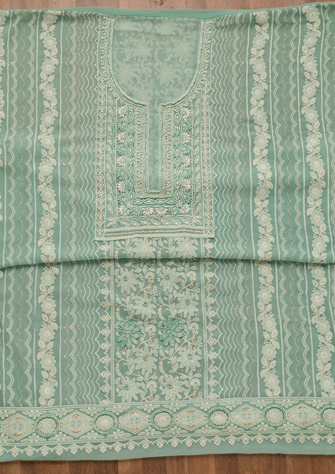 Sky Blue Threadwork Georgette Unstitched Salwar Suit-Koskii