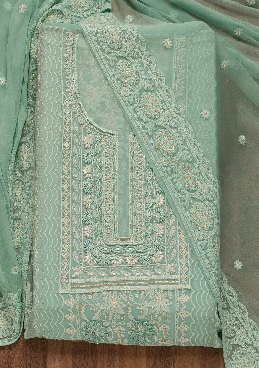 Sky Blue Threadwork Georgette Unstitched Salwar Suit-Koskii