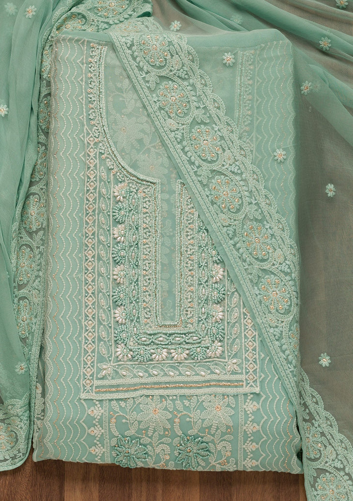 Sky Blue Threadwork Georgette Unstitched Salwar Suit-Koskii