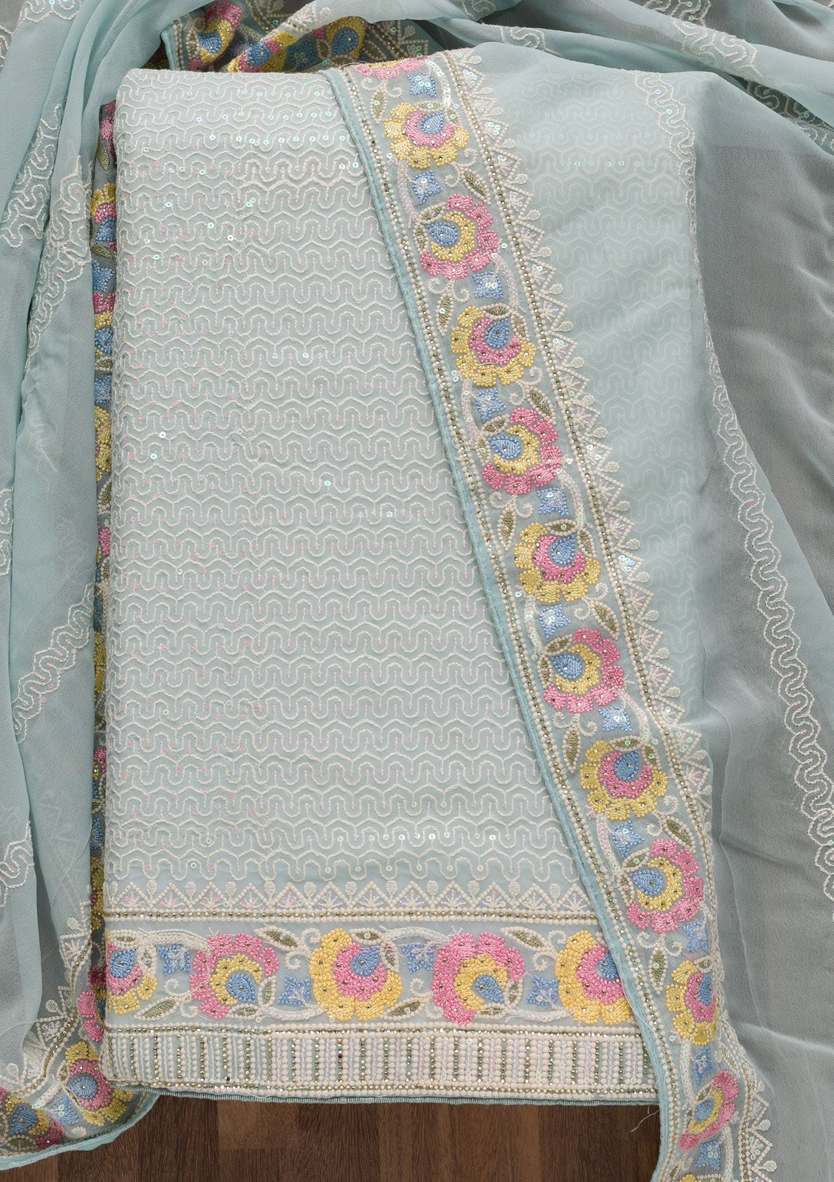 Sky Blue Threadwork Georgette Unstitched Salwar Suit-Koskii