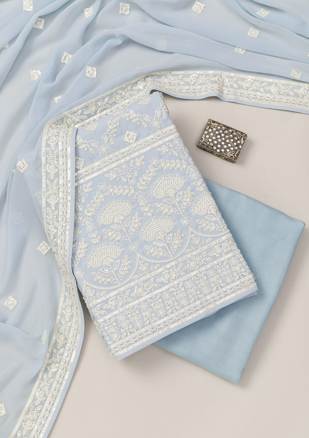 Sky Blue Threadwork Georgette Unstitched Salwar Suit-Koskii