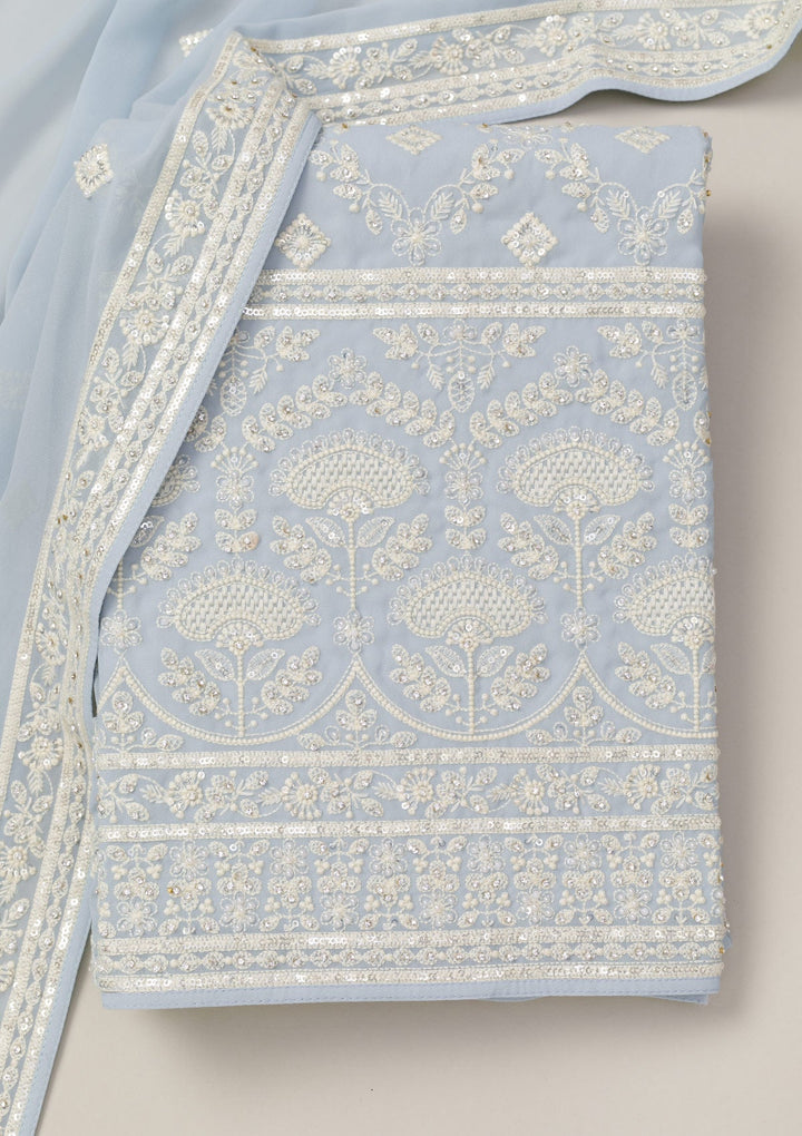 Sky Blue Threadwork Georgette Unstitched Salwar Suit-Koskii