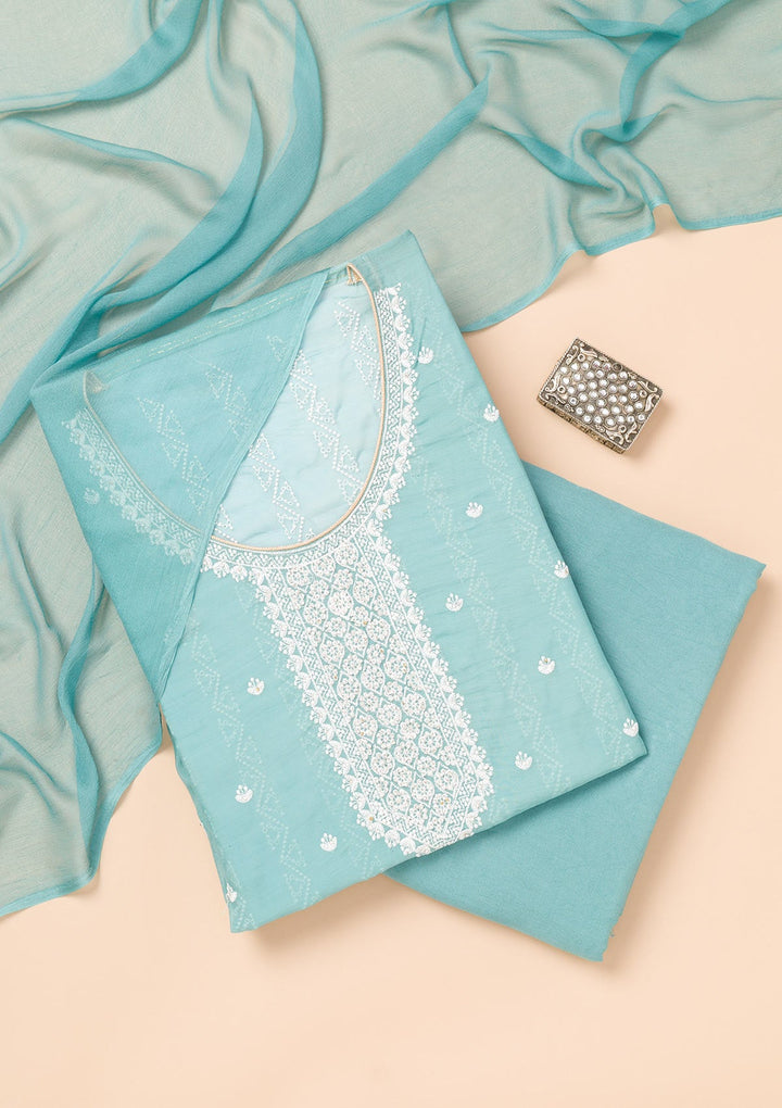 Sky Blue Threadwork Georgette Unstitched Salwar Suit-Koskii