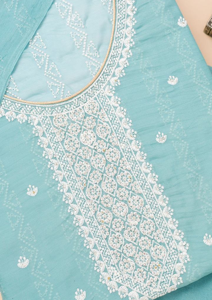 Sky Blue Threadwork Georgette Unstitched Salwar Suit-Koskii