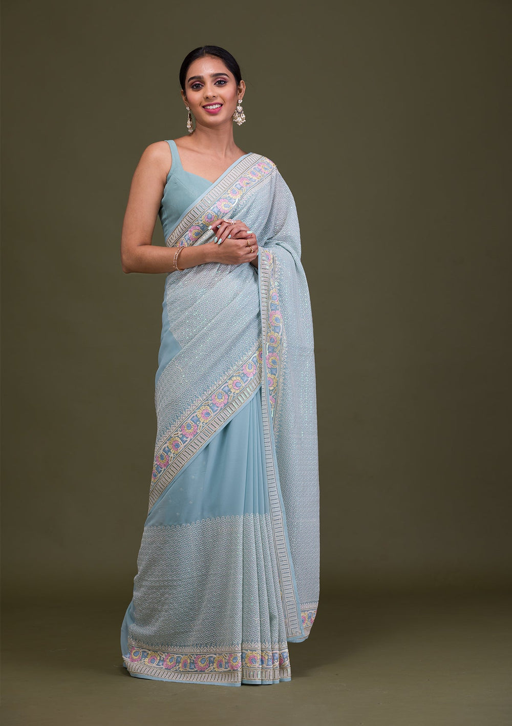 Sky Blue Threadwork Georgette Saree-Koskii