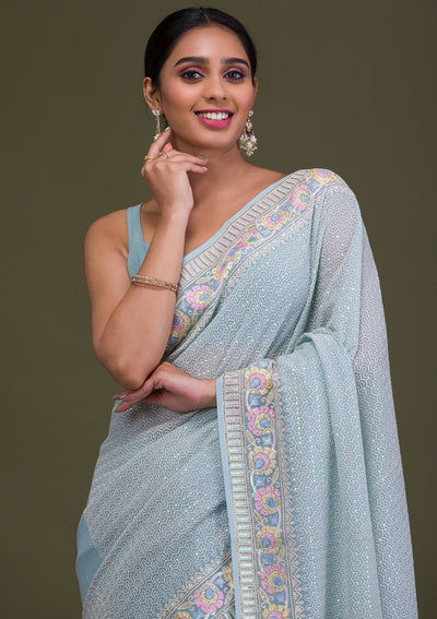 Sky Blue Threadwork Georgette Saree-Koskii