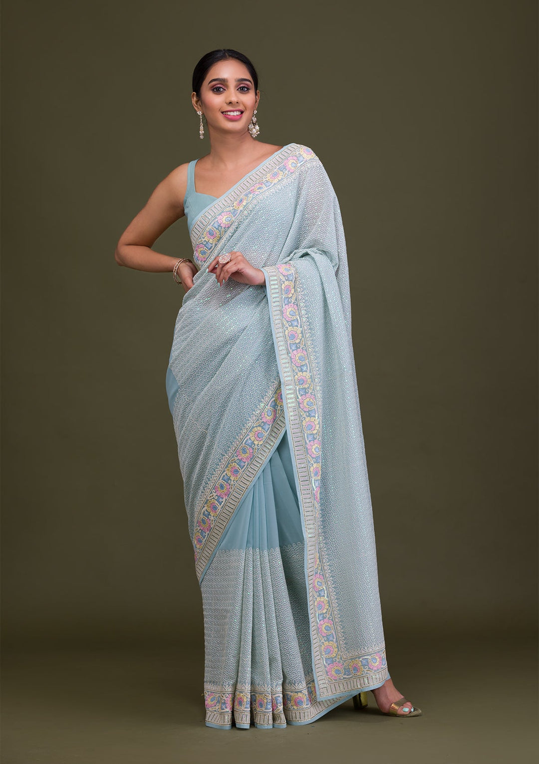 Sky Blue Threadwork Georgette Saree-Koskii