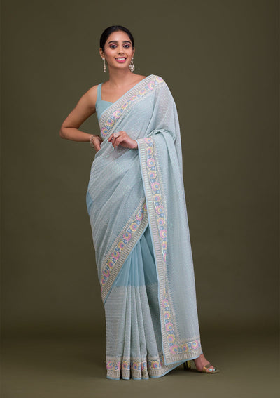 Sky Blue Threadwork Georgette Saree-Koskii