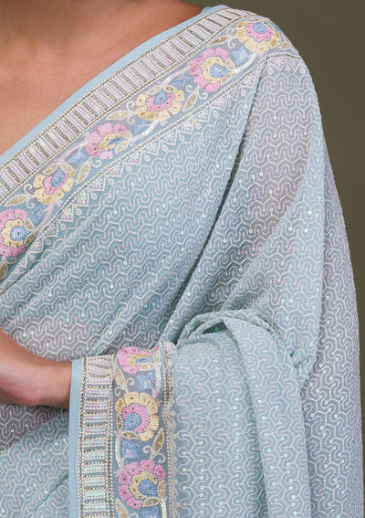 Sky Blue Threadwork Georgette Saree-Koskii