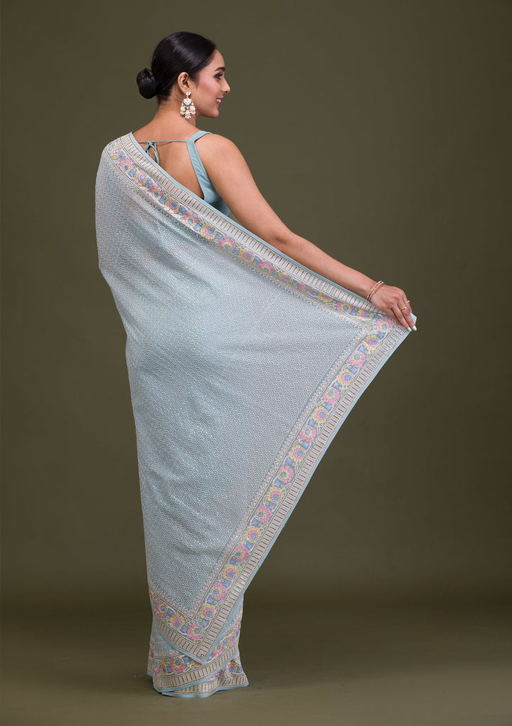 Sky Blue Threadwork Georgette Saree-Koskii