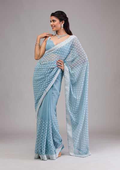 Sky Blue Threadwork Georgette Saree-Koskii