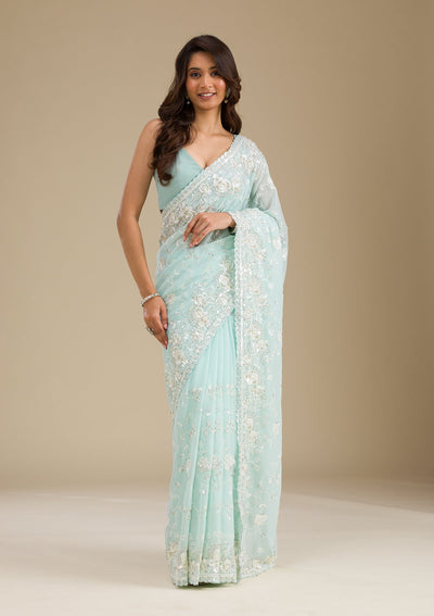 Sky Blue Threadwork Georgette Saree-Koskii