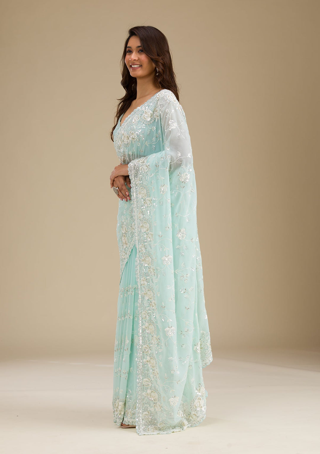 Sky Blue Threadwork Georgette Saree-Koskii