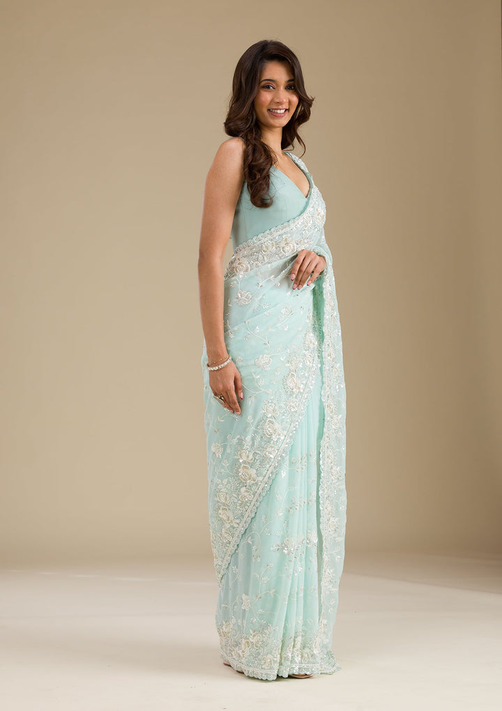 Sky Blue Threadwork Georgette Saree-Koskii