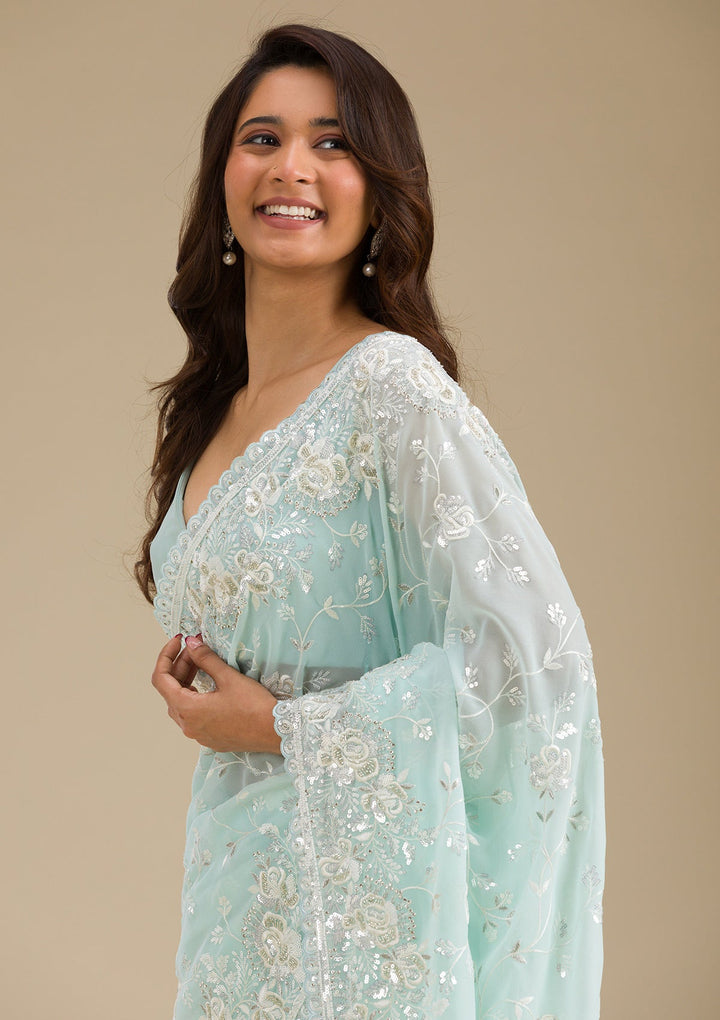 Sky Blue Threadwork Georgette Saree-Koskii