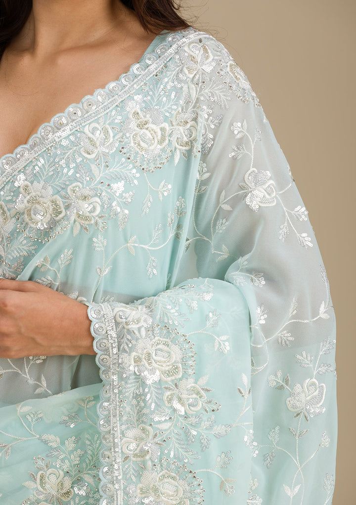 Sky Blue Threadwork Georgette Saree-Koskii