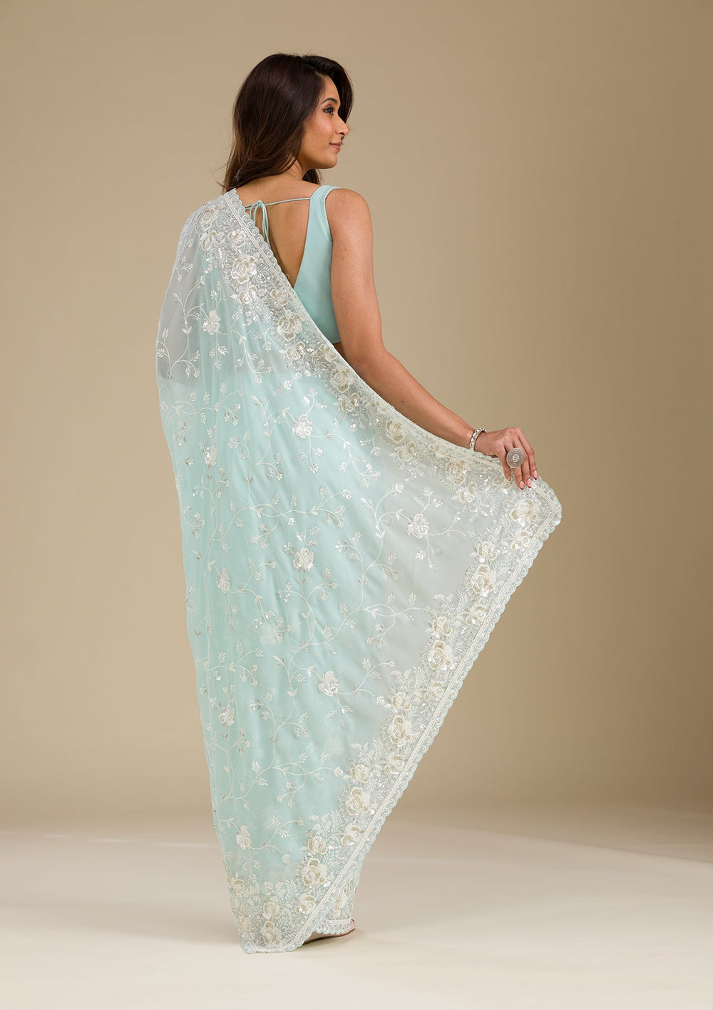 Sky Blue Threadwork Georgette Saree-Koskii