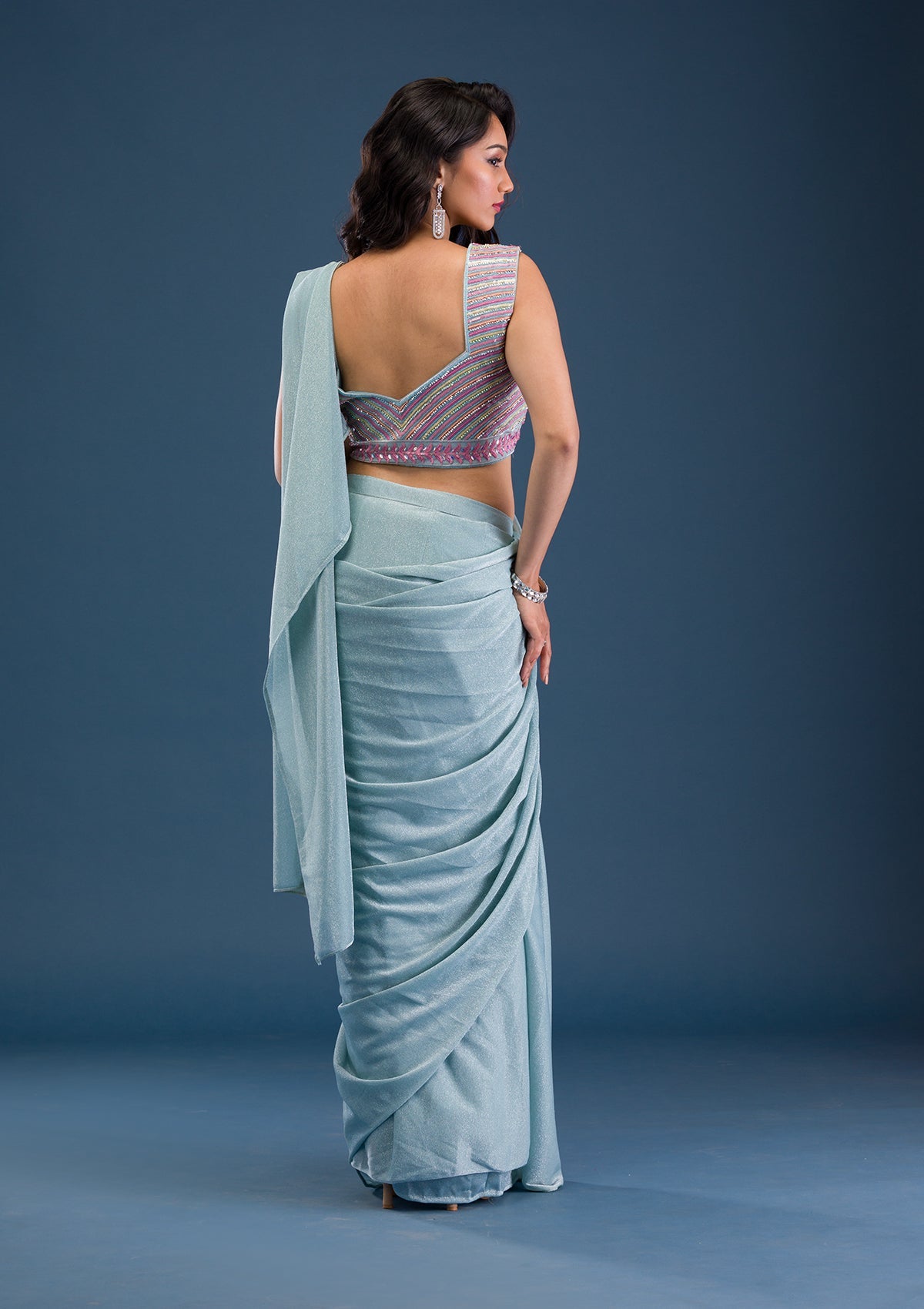 Sky Blue Threadwork Lycra Saree-Koskii