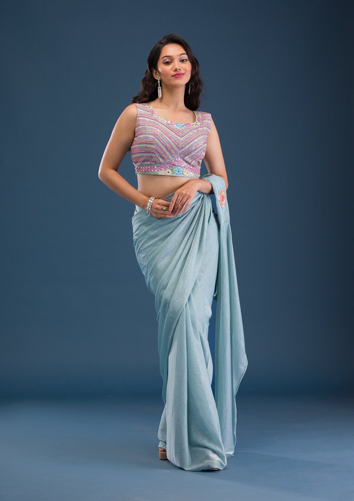 Sky Blue Threadwork Lycra Saree-Koskii