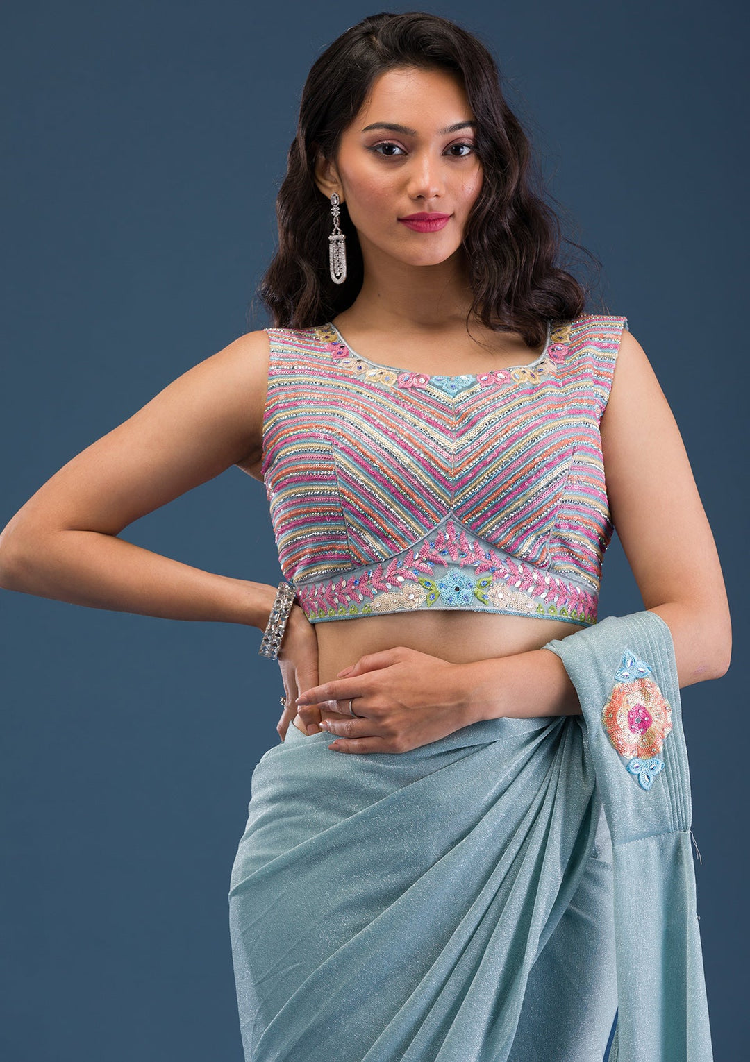Sky Blue Threadwork Lycra Saree-Koskii