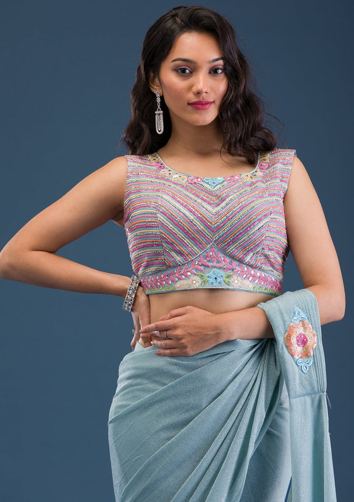 Sky Blue Threadwork Lycra Saree-Koskii