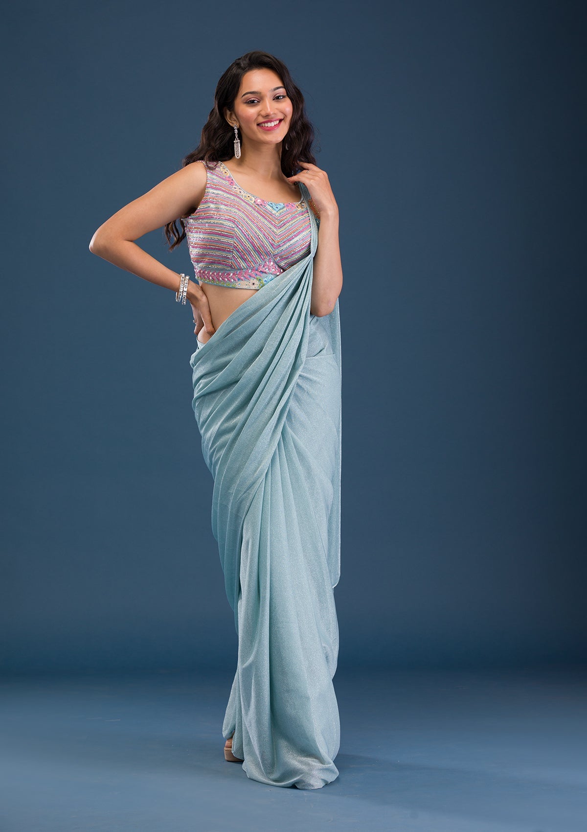 Sky Blue Threadwork Lycra Saree-Koskii