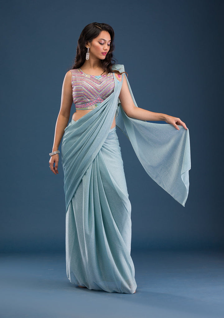 Sky Blue Threadwork Lycra Saree-Koskii