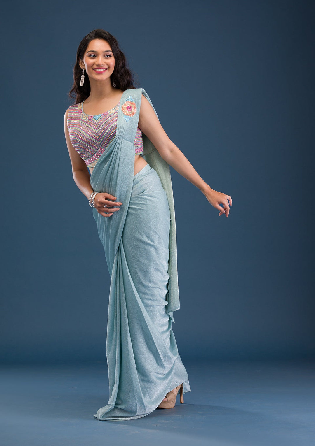 Sky Blue Threadwork Lycra Saree-Koskii