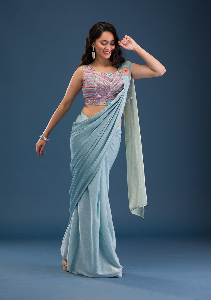 Sky Blue Threadwork Lycra Saree-Koskii