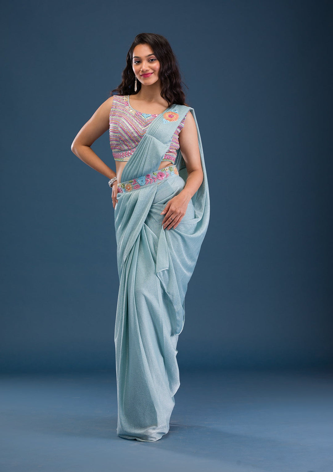 Sky Blue Threadwork Lycra Saree-Koskii