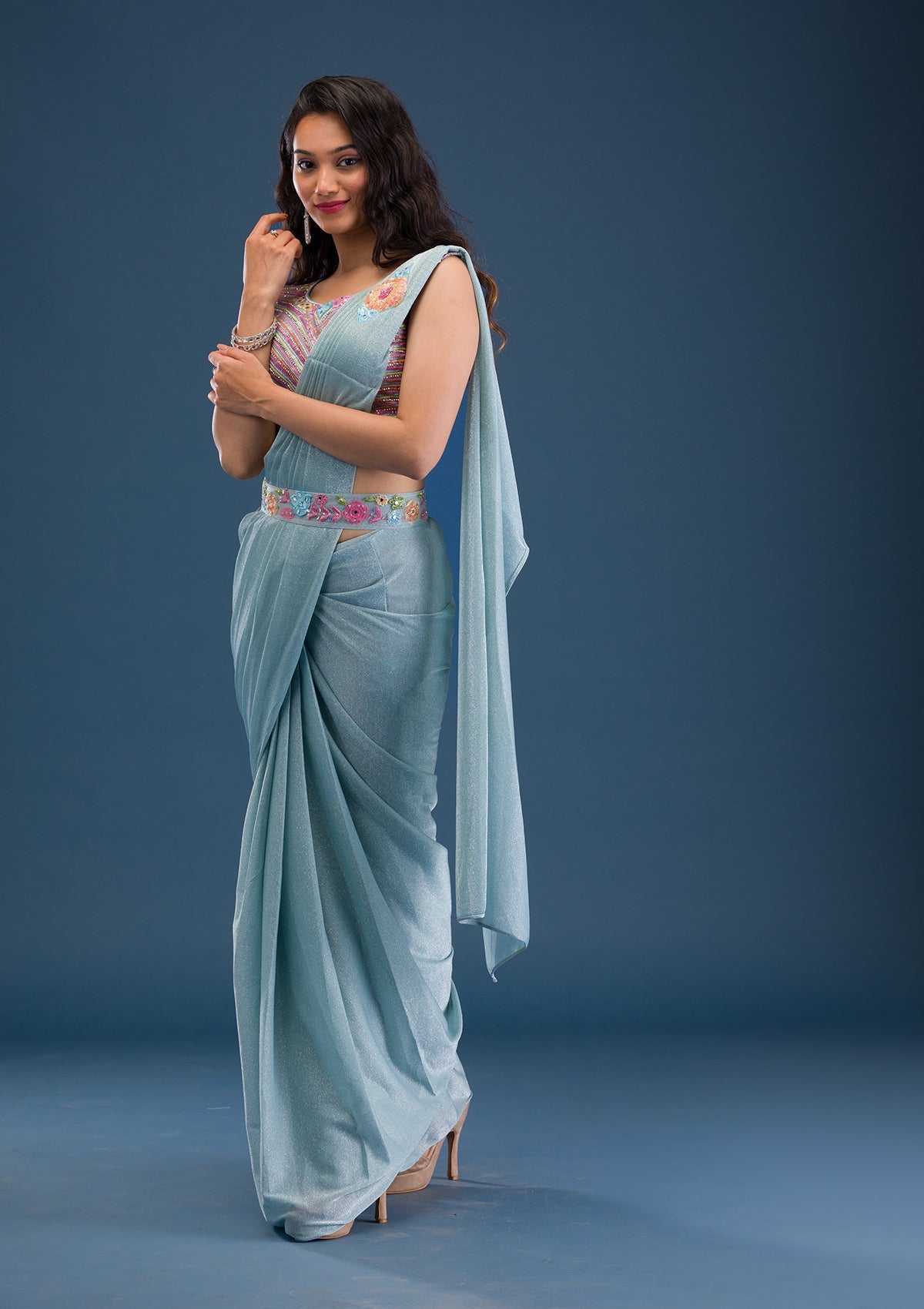 Sky Blue Threadwork Lycra Saree-Koskii