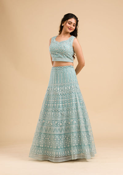 Sky Blue Threadwork Net Readymade Lehenga-Koskii