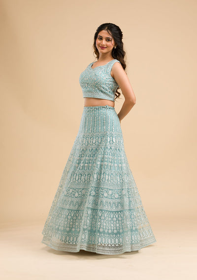 Sky Blue Threadwork Net Readymade Lehenga-Koskii