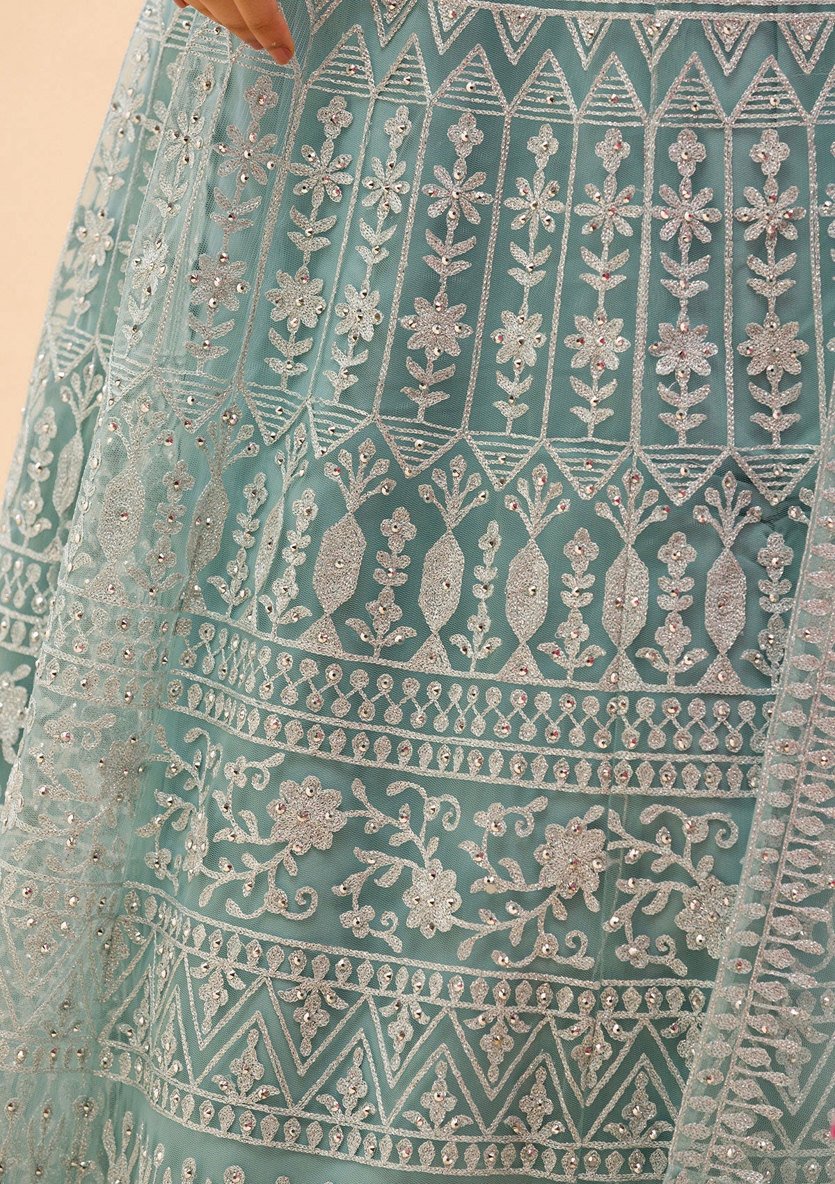 Sky Blue Threadwork Net Readymade Lehenga-Koskii