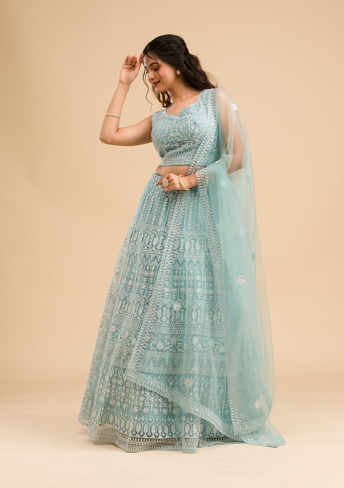 Sky Blue Threadwork Net Readymade Lehenga-Koskii