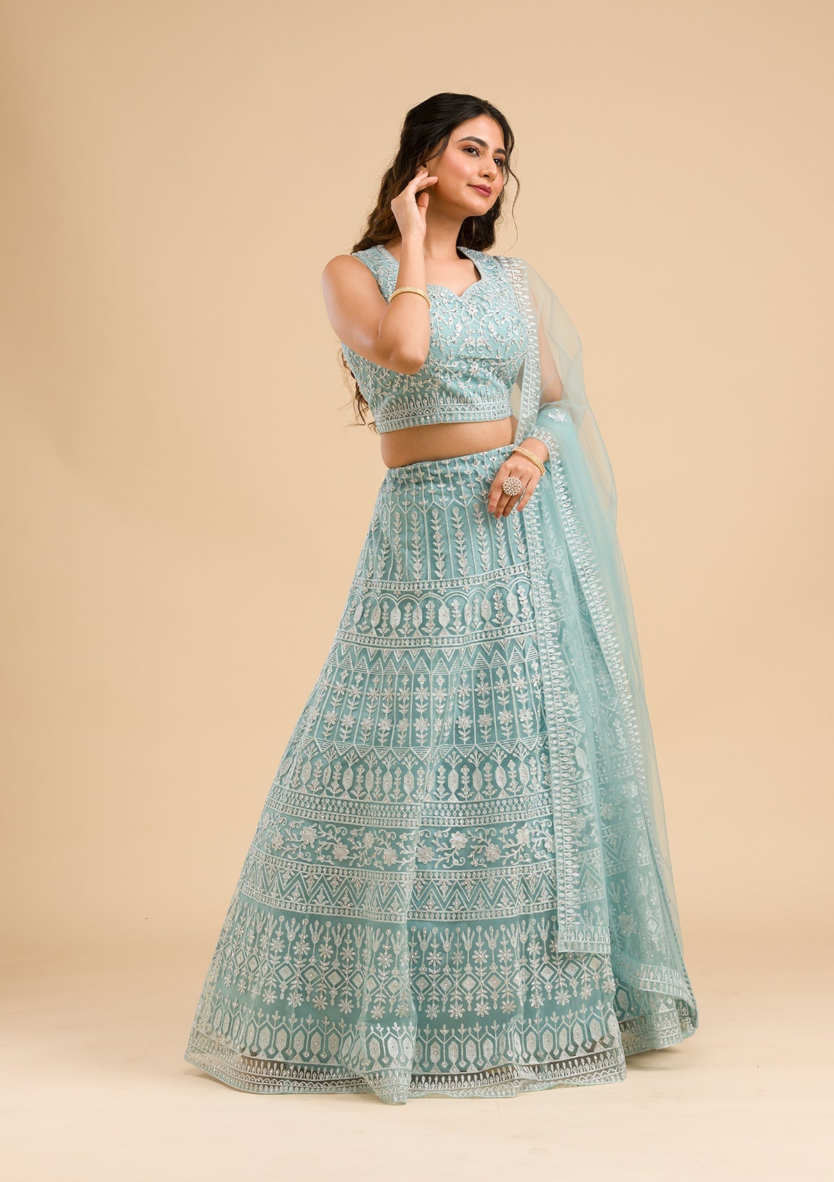 Sky Blue Threadwork Net Readymade Lehenga-Koskii