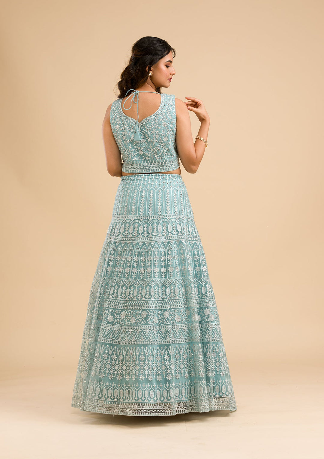 Sky Blue Threadwork Net Readymade Lehenga-Koskii